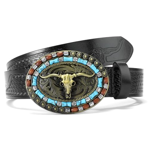 SENDEFN Western Cowboy Belt for Men Women Longhorn Bull Buckle Belt Floral Engraved Belts 1.5