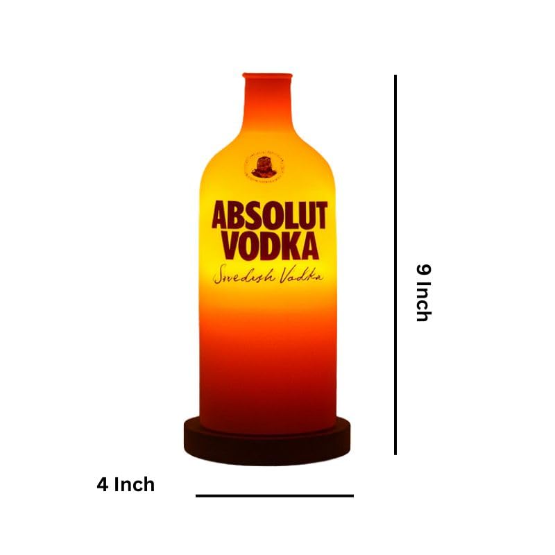 Image of KAVI Handmade Upcycled Vodka Bottle LED Lamp with Wooden Base - Decorative Lighting for Home & Bar (Orange)