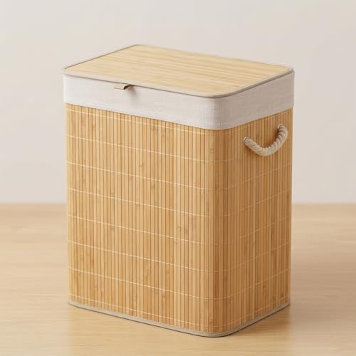 Image of Kura by Ekhasa Laundry Basket with Lid 60L, Bamboo Laundry Basket for Clothes, Foldable Laundry Hamper Basket with Removable Laundry Bag for Bedroom Bathroom Clothes Storage
