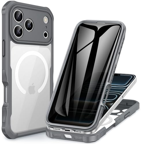 Ya en manzanajugosa.com: CENHUFO Magnética Antiespia Funda iPhone 17 Pro [Compatible con MagSafe] Integrado 9H Cristal Templado Protector Pantalla y Protector Cámara, 360 Grados Antigolpes Carcasa Capa Doble Cara Case -Gris