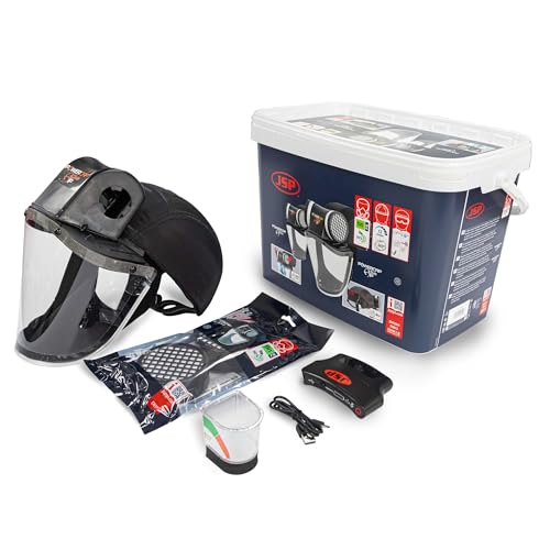 JSP PowerCap Active IP 8-Hour Multi Plug Hard Cap with PowerBox Battery – USB Rechargeable Bump Cap with Anti-Mist, Low Resistance – Respirator Mask with Impact Protection Polycarbonate Visor