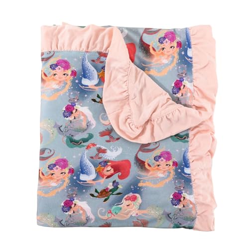 Image of Rayon Made from Bamboo Baby Blanket for Girls, Mermaid Print, Ruffle Trim, Soft and Comfy, Size 40x33