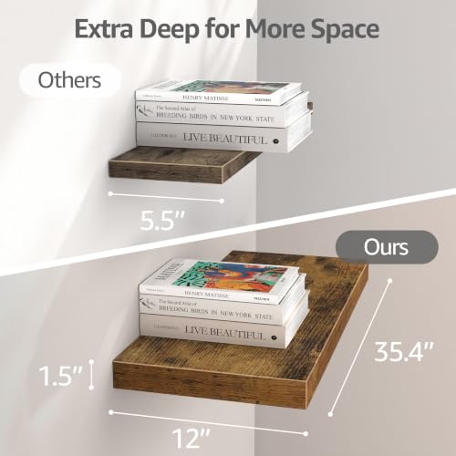 Image of QEEIG 12 inch Deep Floating Shelves for Wall - 12 x 36 inch Book Shelf Bathroom Bedroom Kitchen Living Room Hanging Bookshelf Farmhouse Set of 3, Brown (026-90BN3)