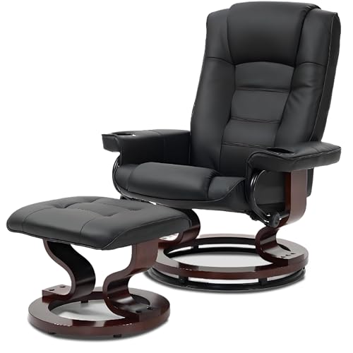 WENTUM Swivel Recliner Chair with Ottoman, Swivel Wood Base, Accent Chair, Faux PU Leather Lounge Chair with Footrest for Living Room and Bedroom Black