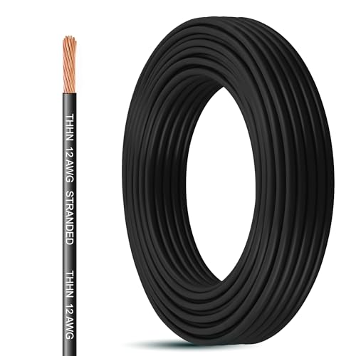 Image of THHN Wire 12 Gauge (12 AWG) 50 FT - Stranded Copper Building Wire for Panel /Control Wiring, Grounding & Lighting Circuits (Residential /Industrial), UL Listed, 600V, THWN-2, PVC /Nylon Jacket, Black