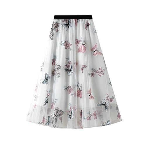 Women's Embroidered Tulle Skirt Butterfly Pattern Layered Midi Skirts 2025 Trendy High Waist A-line Skirt