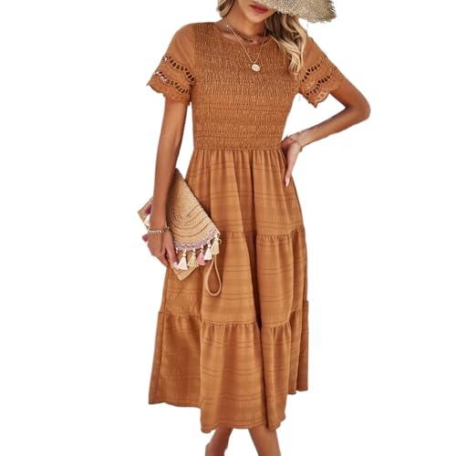 Image of Sumleno 2026 Women's Summer Midi Dresses Short Sleeve Smocked Tiered Dress Vacation Beach Wedding Guest Elegant Boho Sundress