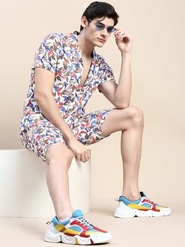 Image of SHOWOFFFF Men Printed Two-Piece Co Ords | Cuban Collar Half Sleeves Cotton Co Ords for Mens | Mid-Rise Relaxed Fit Above Knee Co Ords for Men's