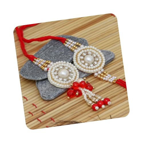 Image of eCraftIndia Boy's Golden & White Beads, Pearl, Diamond Designer Bhaiya Bhabhi Rakhis With Roli Chawal