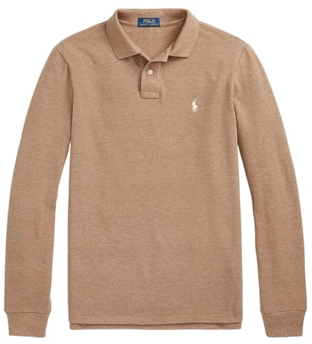 Image of POLO RALPH LAUREN Men's Custom Fit Long Sleeve Soft Touch Polo Shirt (XXL, KhakiHtr), Brown