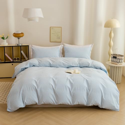 Image of ECOCOTT Gingham Duvet Cover Bedding Set 100% Washed Cotton Linen Like King