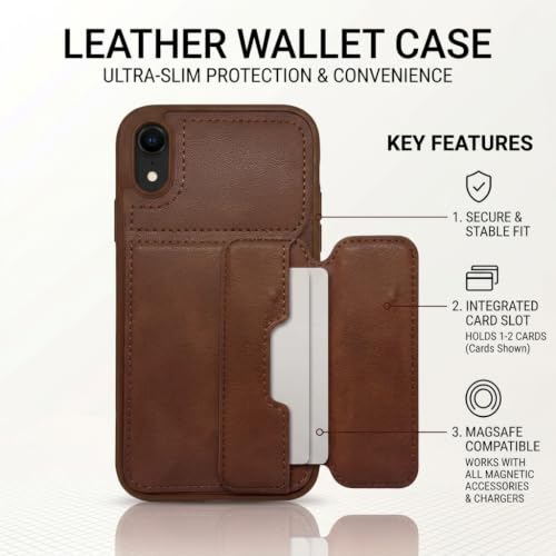 Image of amazon basics Luxury Vegan Leather Back Cover for iPhone XR | Built-in Card Holder Slot | Integrated Mobile Stand | Slim Shockproof Protective Case with Stitched Finish - Brown
