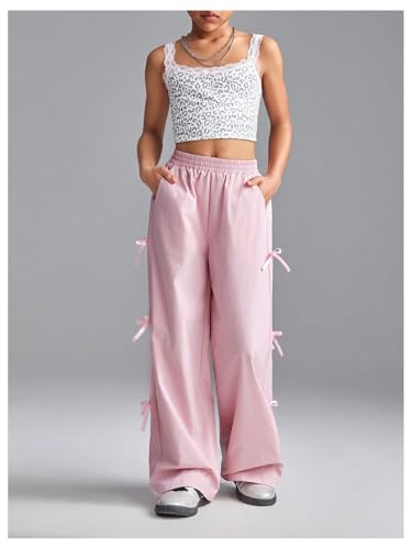 Girl's Y2k Bow Sweatpants Elastic High Waist Wide Leg Baggy Track Pants3