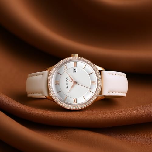 Image of Titan Bright Leathers Silver Dial Analog with Date Leather Strap Watch for Women-NS95247WL05