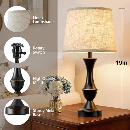 Image of Luvkczc Table Lamp Set of 2, 19 inch Farmhouse Vintage Bedside Lamps | for Living Room & Bedroom, Linen Shade Desk Lamps for Nightstand, Office, Study(Bulb not included)