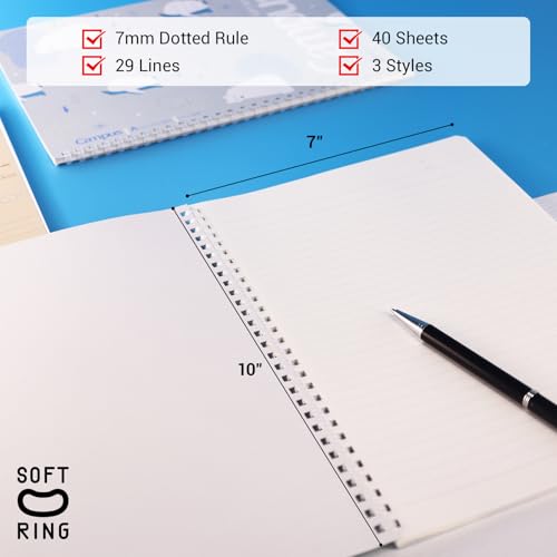 Image of KOKUYO Spiral Notebook Journal, 3 Pack Campus B5 Soft Ring Notebooks with Dotted A 7mm Rule, 40 Sheets, Cute Animal 1 Subject Notebook in Blue Yellow Green, College Office Note Taking. Japan Import