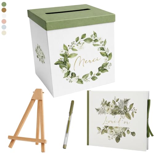 Un Jour En Or - Pack Signature Vert et Or : 4 éléments (Urne Merci, Livre d’or, Stylo encre doré, Chevalet en bois) pour mariage, baptême, anniversaire,...