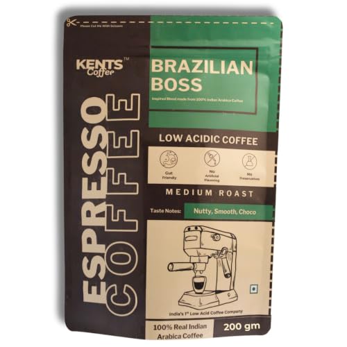 Image of Kents Coffee Brazilian Boss Medium Roast | LOW ACIDIC COFFEE | Ground Coffee for Home Espresso Machine | FINE GRIND | 100% Arabica Powder | Taste Like Nutty, Smooth, Chocolate Notes | Speciality Chikmangalur Pouch AA Grade | Sun Dried & Washed Arabica | Freshly Roasted Bean (200Gm)