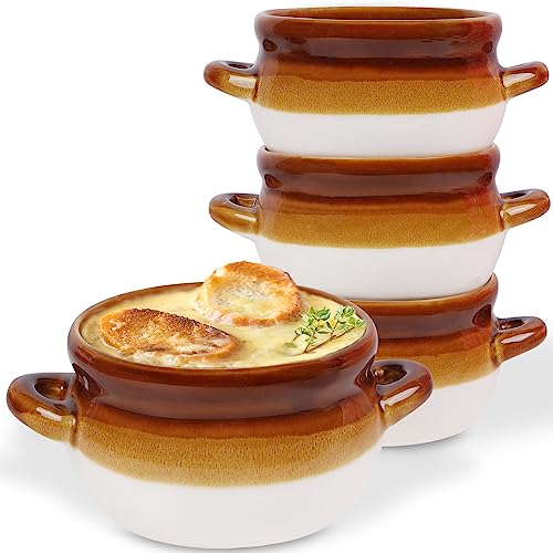 Comparison: Best French Onion Soup Crocks 11 Adroiteet French Onion Soup Crocks, 4 Pack 16 Oz French Onion Soup Bowls Oven Safe, Large Ceramic Soup Bowl with Handles