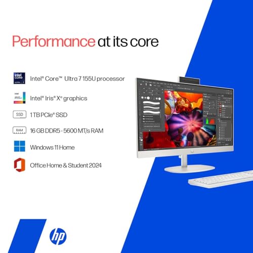 Image of HP All-in-One, Intel Core Ultra 7 155U (16GB DDR5,1TB SSD) IPS, 300 nits, Touch, Anti-Glare, FHD, 27inch(68.6cm), Win11, M365*, Shell White, 6.72kg, FHD IR tilt Camera w /Privacy shuttter, 27-cr1418in