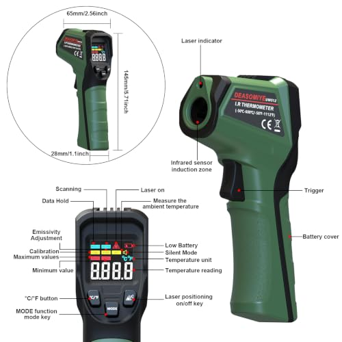 Image of Infrared Thermometer Gun for Cooking Griddle,Grill,Oven,Fridge,A /C, Non Contact IR Thermometer Laser Temperature Gun with -58℉ to 1112℉,Color LCD,Cal Calibration, Adjustable Emissivity,Min Max Measure