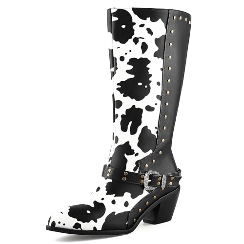 Cozivwaiy Cow Print Boots Women Studded Mid Calf Buckle Biker Boots Chunky Heel Zipper