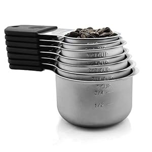 Magnetic Measuring Cups Set, 7 Pieces 18/8 Stainless Steel Stackable Nesting Heavy Duty Metal Measure Cups, Silicone Handle kitchen Tools for Dry and Liquid Ingredients, Dishwasher Safe (Black)