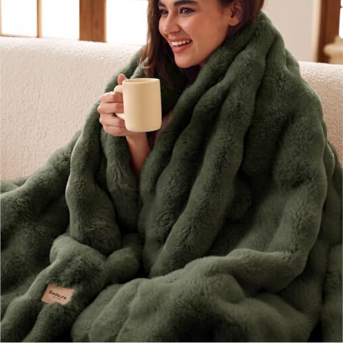 Image of Bedsure Fluffy Bubble Faux Fur Throw Blanket, 50 inchx60 inch, Olive Green