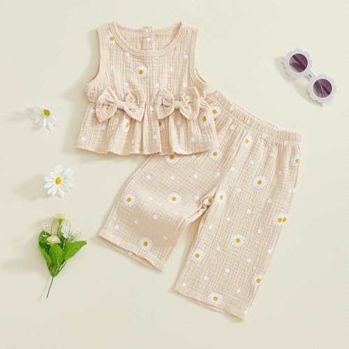 Kaipiclos Infant Baby Toddler Girl Clothes Daisy Linen Outfits Bows Shirts Long Pants 6 12 18 24 Months 3T 4T Girls Clothing3
