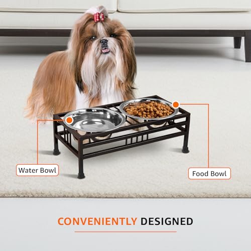 Image of amazon basics, Pet Feeder | Stainless Steel Food & Water Bowls with Iron Stand | Dog Bowls | Elevated Double Diner with Stand | Medium Size (900 ml x 2 Bowl) (Black)