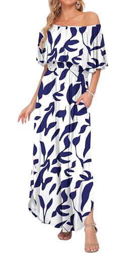 Image of AUSELILY Womens Off Shoulder Ruffle Split Summer Maxi Dresses with Pockets | Off-shoulder Ruffle dress with empire waist & side split for summer beach and casual parties