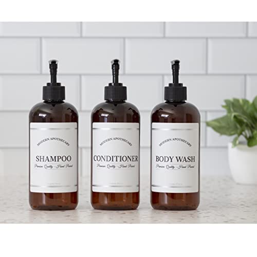 Amber Refillable Shampoo and Conditioner Bottles - Body Wash, Shampoo and Conditioner Dispenser - PET Plastic Shampoo Bottles Refillable with Pump - Waterproof Labels - 16 oz, 3 Pack (Black Plastic) - Thumbnail 2