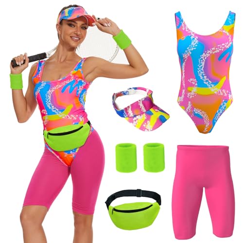 OPAEHJF 80s Workout Costume for Women Halloween Cosplay Couples Outfits Swimwear Suit 80s 90s Workout Costume Outfit 5Pcs Set (XS)