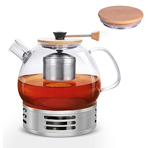 Tetera de Cristal, Tetera de Vidrio 1600ml con Base - Infusor Extraíble de Acero Inoxidable - 2 Tapas - Tetera de…