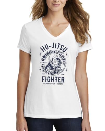 ENTROPIJA Jiu Jitsu Technique MMA Martial V-hals Dames T-shirt Klassieke pasvorm Top Art, Wit, XL