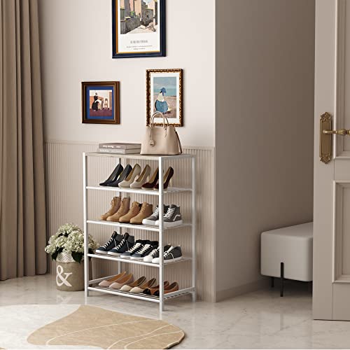 Image of HOMEFORT 5-Tier Shoe Rack, Storage Shelf, Industrial Tower, Narrow Organizer for Closet Entryway, Small Table With Durable Metal Shelves, White Oak