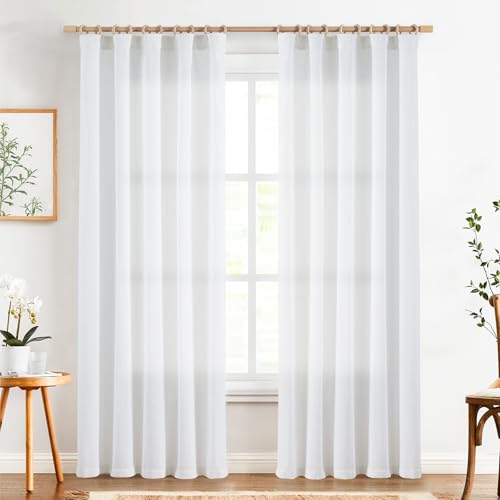Image of jinchan White Linen Curtains 84 Inch Length, Rustic Semi Sheer Curtain for Living Room Bedroom Home Decor Drapes Back Tab, Set of 2 Panels