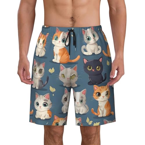 Lovely Cartoon Cats Print Men's Beach Pants Lightweight Quick-Dry Swim Pants with Mesh Lining for Men
