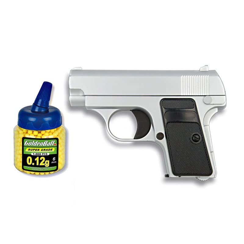 Outletdelocio. Pistola Airsoft Mini G1 Color Plata, Metalica. Calibre 6mm. + Funda Portabalines + Biberon 1000 Bolas. 23054/21993