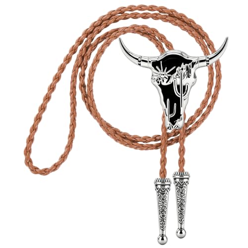 Image of GelConnie Cowboy Ties for Men Black Longhorn Cactus Western Bolo Tie Cord | Black Longhorn Cactus Bolo Tie with Enamel Accent, Adjustable Faux Leather Cord for Western Ties for Men and Cowboy Outfit