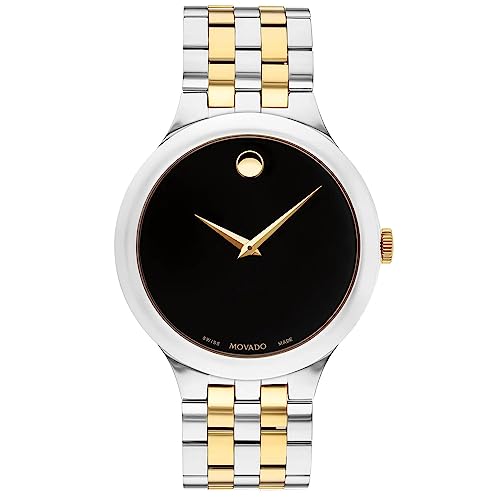 Movado 0607416 Black Museum Dial Two-Tone Gold Silver Stainless Steel Bracelet 40mm Veturi Men's Watch, Silver, Silver, bracelet