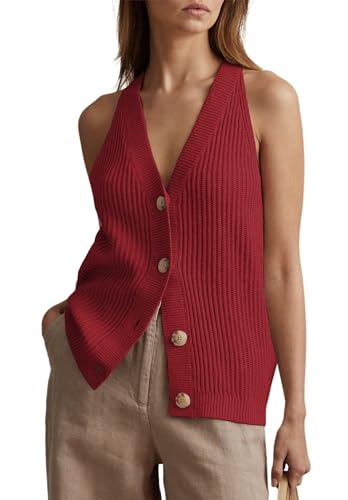 Image of Womens Button-Front Sweater Vest Top V Neck Sleeveless Knit Tank Fitted Halter Raceback Cardigan Vest