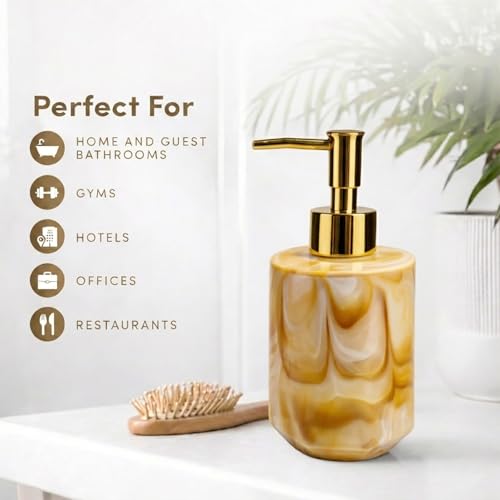 Image of Luxe Home International Marble Pattern Plastic Soap Dispenser for Bathroom and Kitchen Sink Leak Proof Liquid Hand Wash Round Bottle Lightweight Smooth Finish (17x8 cm Yellow) Pack of 1