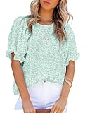 Dokotoo Women's 2025 Summer Blouses Boho Floral Print Casual Crewneck Ruffle Smocked Half Puff Sleeves Chiffon Babydoll Flowy Shirts Holiday Wedding Guest Tops for Women Party Green M