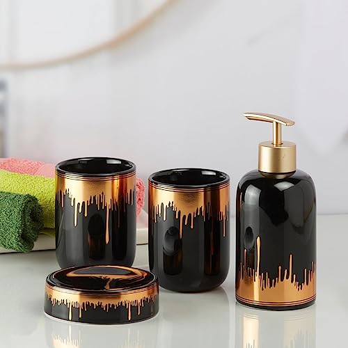 Image of SaSaSa Ceramic Bathroom Accessories Set of 4 Modern Bath Set with Soap Dispenser & Toothbrush Holder, Luxury Home & Gift Idea, Black /Gold (9739)