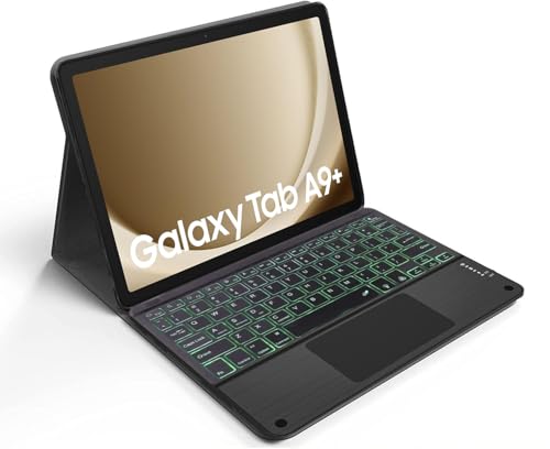 Image of HOM Tri-Fold 7-Colour Backlight Detachable Wireless Bluetooth Keyboard with Trackpad /Touchpad Tablet Cover Case for Samsung Galaxy Tab A9 Plus / A9+ 11 inch Tablet - Black