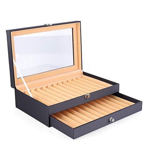 Wiyuer 2 Etagen Füllfederhalter Aufbewahrungsbox Stifthalterbox Füllhalter Vitrine Geschenk Stifteetui PU Leder Box Stift Display Case für 24 Pen Füllfederhalter Schwarz 30.5x 20x 9.5 Cm
