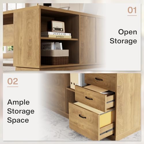 Image of Tribesigns 78 inch L-Shaped Executive Desk, Large Modern Office Desk with Drawers and Lateral File Cabinet, Business Furniture with Storage Shelves, Big Computer Table for Home Office (Brown)
