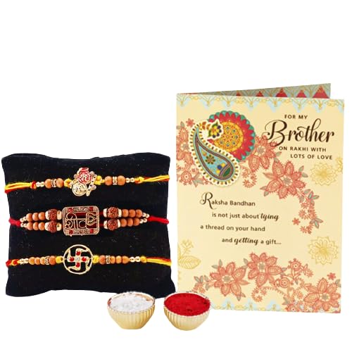 Image of ARCHIES Rakhi for Brother Rakshabandhan Combo of 3 Auspicious Swastik Shiv Rakhis With 1 Roli & Chawal Set-10gm & Greeting Card (Pack of 5) for Bhaiya|Bro|Bhai