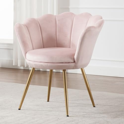 chairus Fauteuil de Salon Moderne Chaise Coquillage avec Pied Métal Fauteuil Coiffeuse Coussin Confortable pour Chambre/Salon (Rose Clair)
